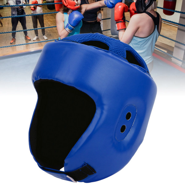 Boxningshjälm PU Läder Justerbar Huvudskydd Sanda Kickboxning Träningsförsvar Blå Stor Storlek