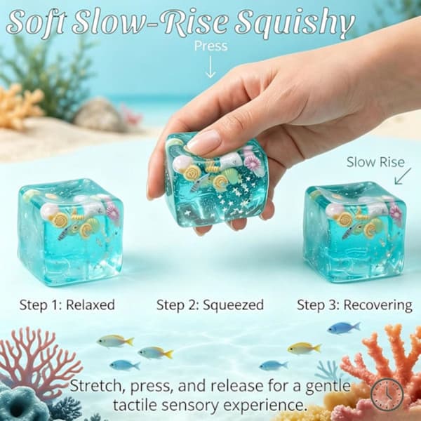 Ocean Squishy Stress Cube Sensorisk Fidget Legetøj, Langsomt Stigende TPR Klemmelegetøj til Børn Voksne Kontor Skole, Blå 2-pak 2-Pack