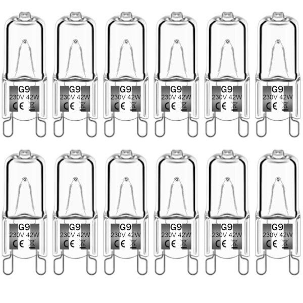 12-pack G9 halogenlampor 42W 230V 2800K varmvit 580lm, klara kapselhalogenlampor dimbara, ingen stroboskop, inget flimmer