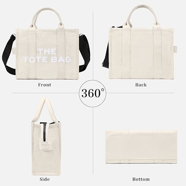 Damen Canvas Tote Bag Casual Canvas Messenger Bag Skulderveske Benvit