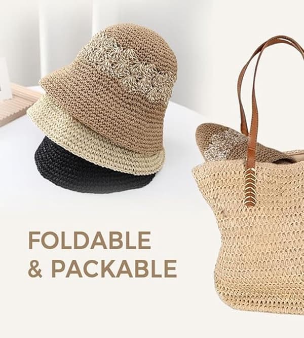 Dame stråsolhat, hæklet, foldbar, åndbar, bred skygge UV-beskyttelse til strandrejser og ferie, One Size