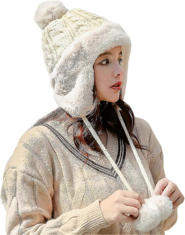 Dam Peruansk Öronlappsmössa Stickad Pom Vinter Snö Skidmössa Med Fleece Foder C_jar