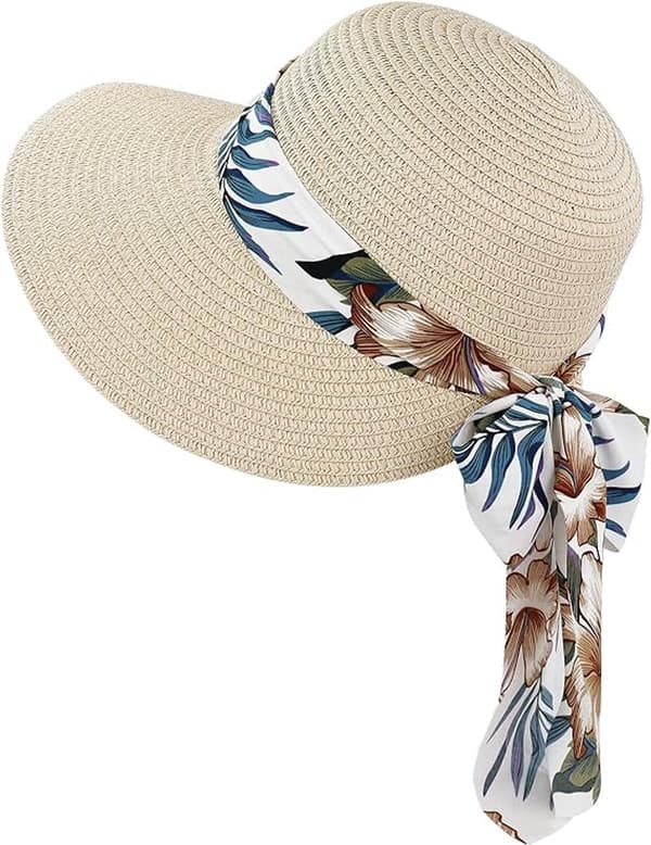 Dame strå solhat, bred skygge, UPF 50+ UV-beskyttelse, åndbart foldbart design, justerbar pasform til strandrejser, beige blomstret