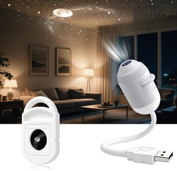 2-i-1 Stjärnhimmelprojektor Nattlampa, 360° Roterbar Och Dimbar, USB-driven, För Sovrum Och Biltak, Vit