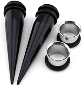 9mm Ørepiercing Udvidelsessæt - 2 Sorte Akryl Tapers & 2 Stål Tunneler (4 Dele)