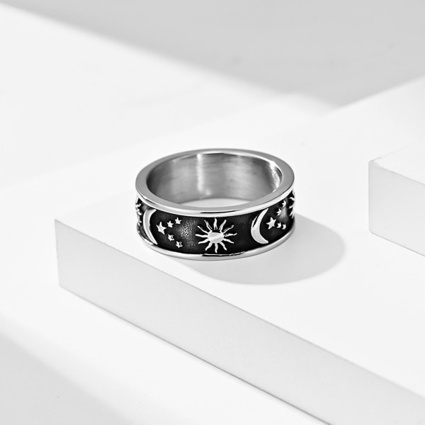 Unisex Ring Stjerne Måne Sol Dekoration Mænd Kvinder Elegant Rund Boheme Ring Til Bryllup Sort og Sølv Black and Silver US 10 Black and Silver US 10