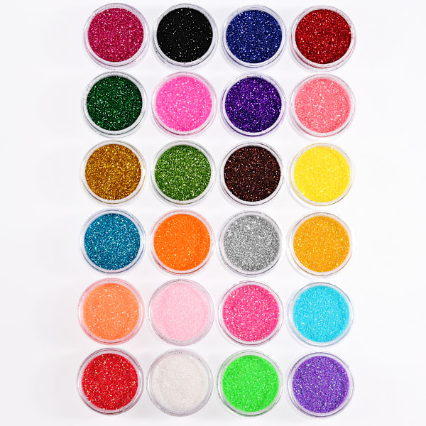 24 burkar glitter för nageldekoration i flera färger