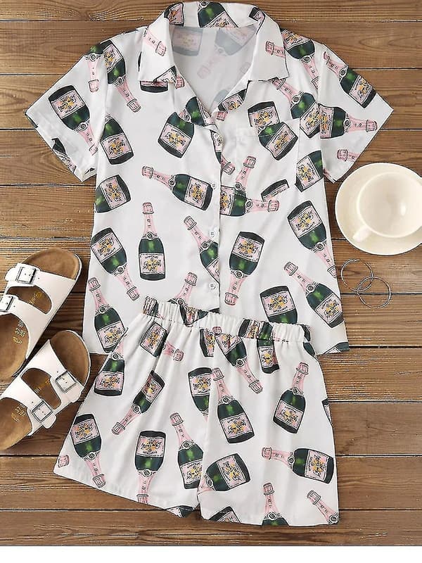Champagneflaskor Pyjamas Set Dam Tryckt Kortärmad 2 Delar Mjuk Ledig Sovkläder TA XL