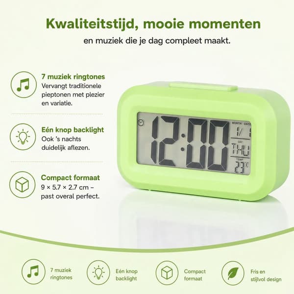 Digital väckarklocka med 7 melodier, bakgrundsbelysning och tyst drift, kompakt skrivbordsklocka för sovrum, grön, 9 x 5,7 x 2,7 cm