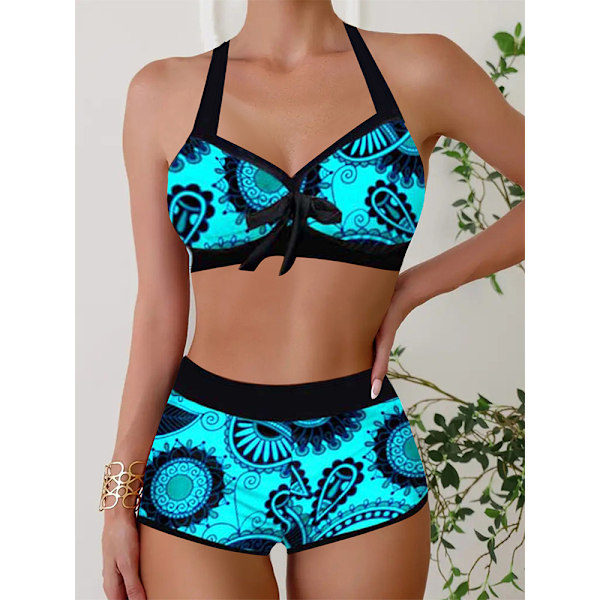 2024 Ruicheng Mode Ny Ankomst Bikini Baddräkt Dam Separata Hög Midja Tryckt Bikini Baddräkt Hög Midja blå blue 4XL