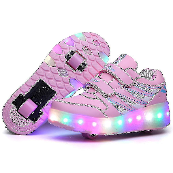 Påskerabatt! Høykvalitets 2022 Nye LED-lyssko med Hjul Doble Hjul USB Oppladbare Skatesko Rosa Pink Pink 30