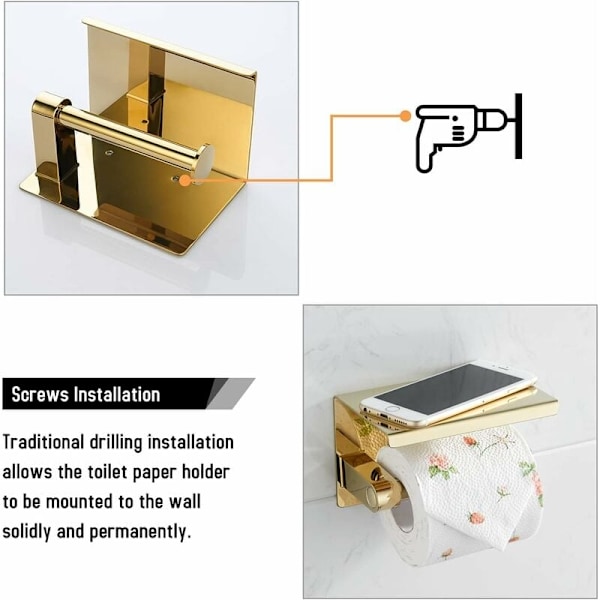 304 T55 Toiletpapirholder i rustfrit stål, børstet guld, rustfrit stål, toiletpapirholder med hylde - Perfekt
