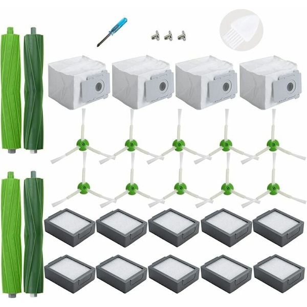 Reservedeler for iRobot Roomba i3+ i4+ i6+ i7+ i7 Plus i8+, 4 støvposer, 10 filtre, 10 sidebørster, 2 gummibørster