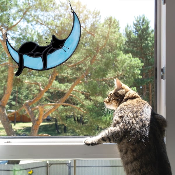 Flekket glass katt på månegaver, sovende katt solfanger dekorasjon, håndlagde svart katt glassmaleri vindusoppheng, kattegaver til katteelskere Black