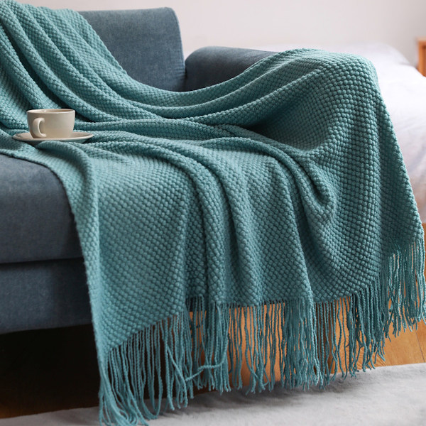 Akryl Strikket Teppe, Lett og Mykt Koselig Dekorativt Vevd Teppe med Frynser for Reise, Sofa, Seng, Divan, 51x67 Tommer Light green