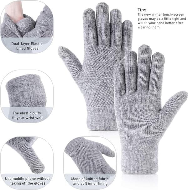 Vinterhandsker til kvinder, varme strikkede, fleeceforede, touchscreen-design med to fingre, til vintervandring og kørsel, beige, one size