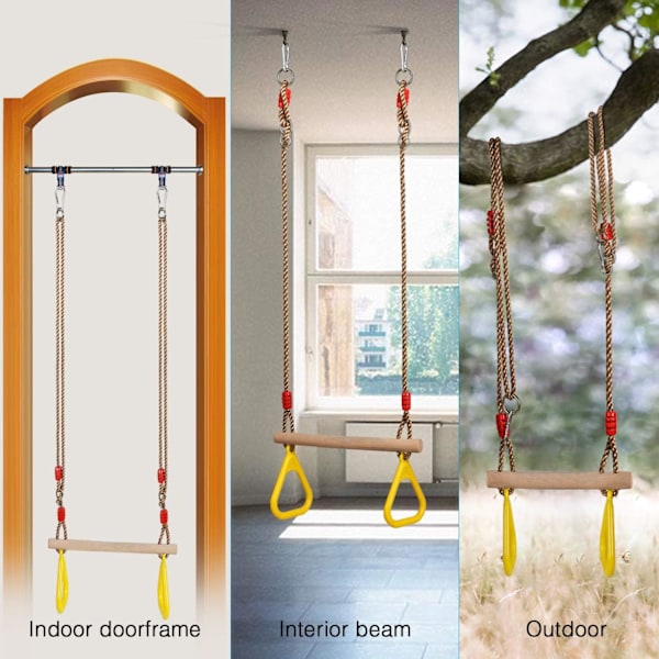 Trapes Tre Gungestativ med Gymnastikringer Barn Gantry Sklie Spill Hage Utomhus Innendørs