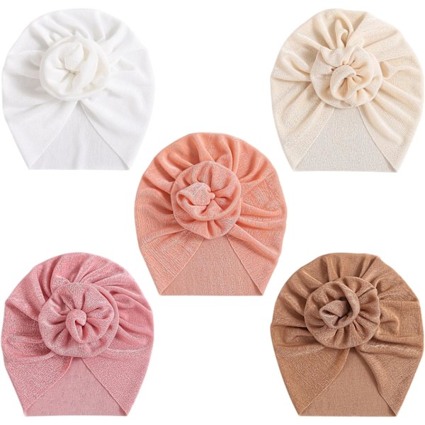 5-pack Baby Turbanhattar - Mjuka Knutska Bebis-mössor för Babyflickor och Småbarn 5 Pack Flower Set9A-71 / 3-24 Months