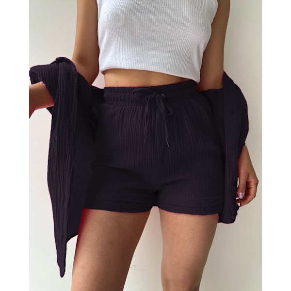 Dame 2-delt bukse sett Lin Skjorte shorts sett svart black L