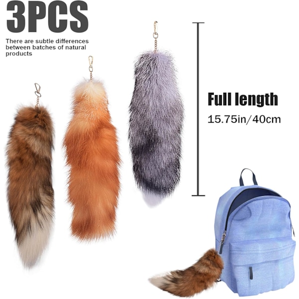 3 stk Therian revehaler 40 cm lange med lås, myk fluffy revehale nøkkelring, hengende revehale for håndveske ryggsekk