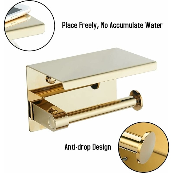 304 T55 Toiletpapirholder i rustfrit stål, børstet guld, rustfrit stål, toiletpapirholder med hylde - Perfekt