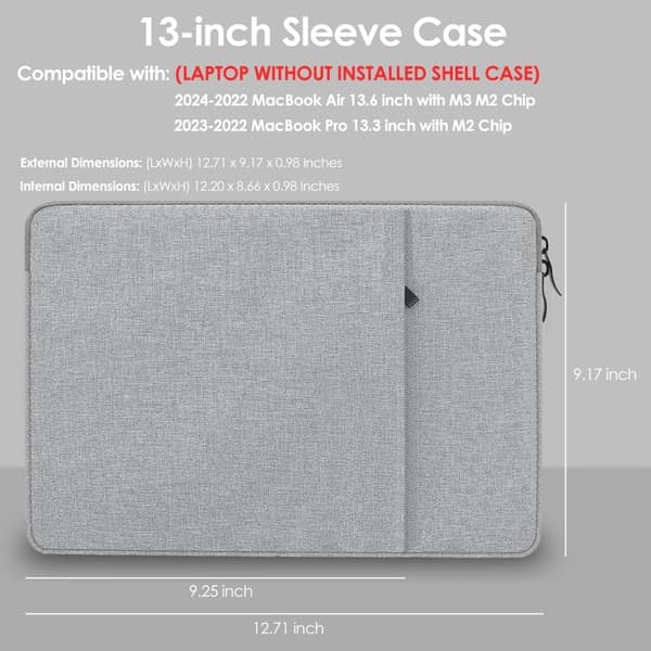 13-tums laptopfodral, vattentät polyester, mjukt mockafoder, framficka, dubbla dragkedjor, MacBook Air, resor, kontor, grå
