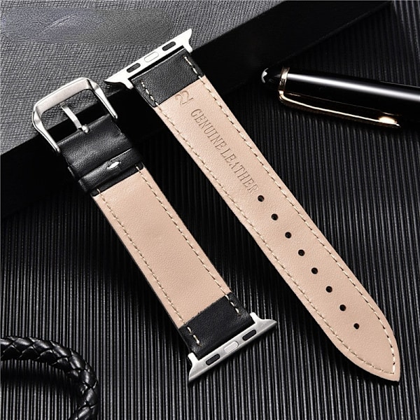 Ekte skinnrem i kalveskinn 38mm 40mm 41mm for iwatch 7 2 3 4 5 6 Myk erstatningsrem 42mm 44mm 45mm for Apple Watch Black-W-B Black-W-B 38mm or 40mm or 41mm