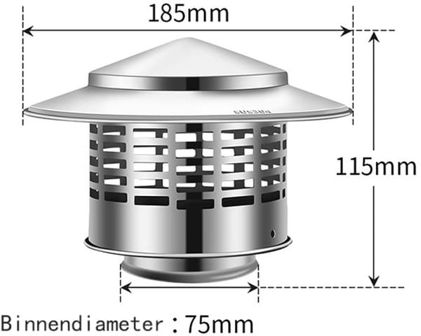 Pipehatt, 304 rustfritt stål regn- og vindbeskyttelse med ruskbarriere for piper og takåpninger, 75 mm indre diameter