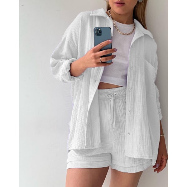 Dame 2-delt bukse sett Lin Skjorte shorts sett Hvit White M