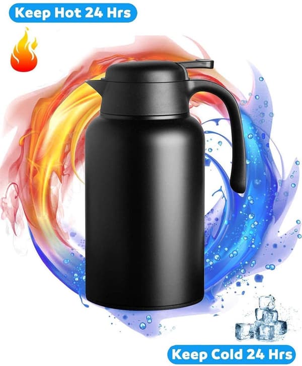 Termokande, 2L Isoleret Kande i Rustfrit Stål, Holder Drikke Varme Eller Kolde i 24 Timer, Sort Til Hjem, Kontor Og Rejser