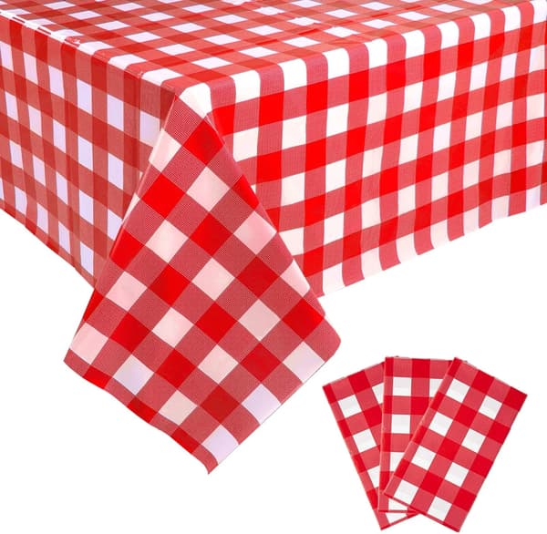 Röda rutiga plastdukar, engångs vattentäta rektangulära bordsdukar för fester och picknick, röd vit, 54 x 108 tum, 3-pack