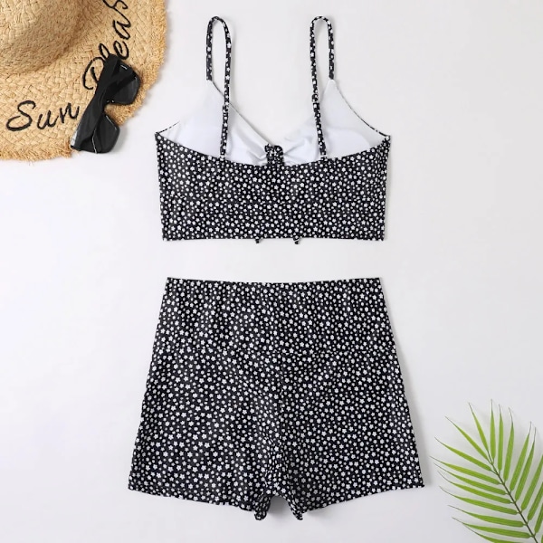 Högmidjad bikini för damer med push-up och blommigt tryck Svart Black M