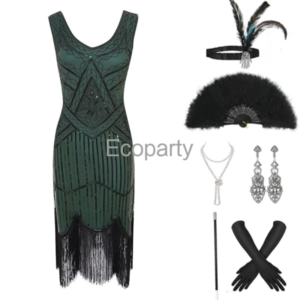 1920-talet Vintage Flapper Girls Gatsby Festklänning för kvinnor U-hals ärmlös paljett tofsar Klänningar med fläkt halsband Tillbehör Green L