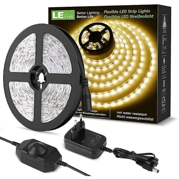12V 10m Dimmable LED Strip Warm White 3000K, 600 LEDs with Dimmer, Indoor Lighting