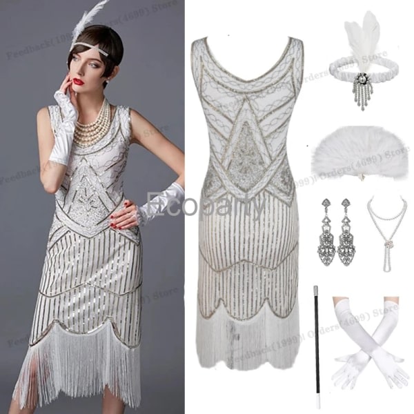 1920-talet Vintage Flapper Girls Gatsby Festklänning för kvinnor U-hals ärmlös paljett tofsar Klänningar med fläkt halsband Tillbehör White S