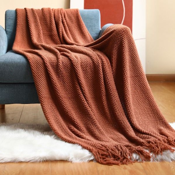 Strikkede pledd for sofa, soverom og kontor, teksturert fargeekte myk og varm dekorativ strikket pledd med frynser Brick red