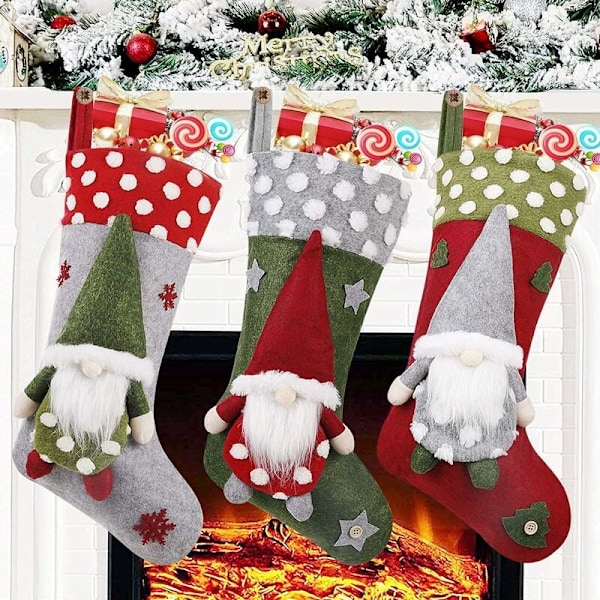 Julstrumpor 3-pack 19 tum 3D-tomtar Santa Jul