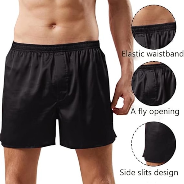Mænds Satin Boxer Shorts Silke Pyjamas Bukser Lounge Sovshorts Sort Black XL