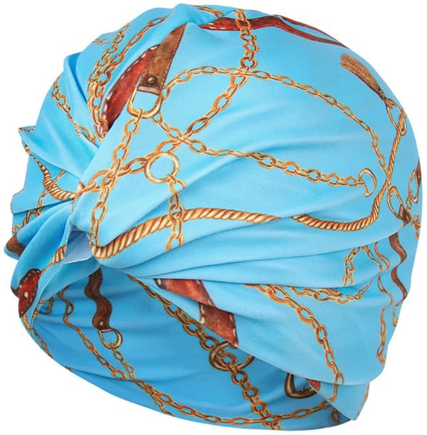 Badehætte til langt hår, blød elastisk polyester, universel pasform til kvinder, mænd og børn, pool og strand, blåt kædemønster