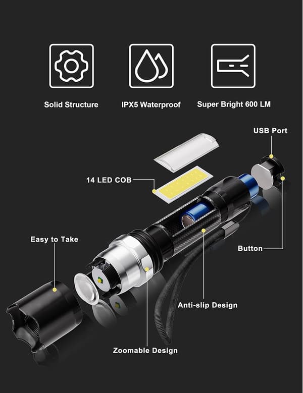 LED-taskulamppu, taskulamppu LED latautuva 600 LM, 3 tilaa USB-lataus minitaskulamppu vedenkestävä IPX5