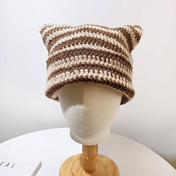 Kattöronmössa, Vintermössa, Stickad Baotou-mössa, Stickad Mössa med Kattöron, Casual Vintermössa, Unisex Randig Kattöronmössa (Risfärg)_jarx