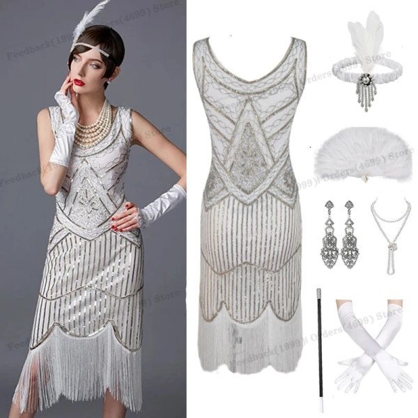 1920-talet Vintage Flapper Girls Gatsby Festklänning för kvinnor U-hals ärmlös paljett tofsar Klänningar med fläkt halsband Tillbehör Only dress RM
