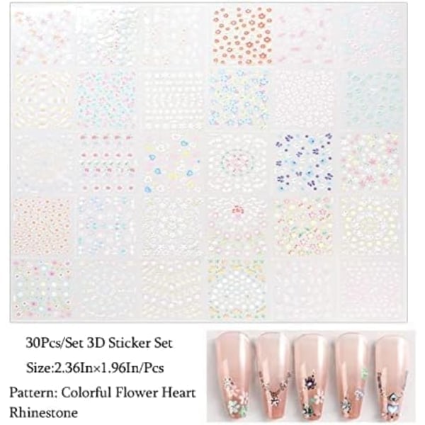 IC Färgglada Blommor Nagelkonst Stickers Dekaler 3D Självhäftande Blomma Nageldekaler Iskristall Blomma Daisy Fluga Hjärta Nagel 30 ark