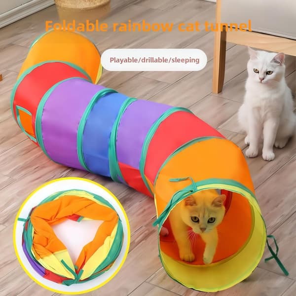 Kattetunnellegetøj, foldbar S-formet polyestertunnel med 2 kighuller og hængende bolde til indekatte, regnbue, 123 x 25 cm