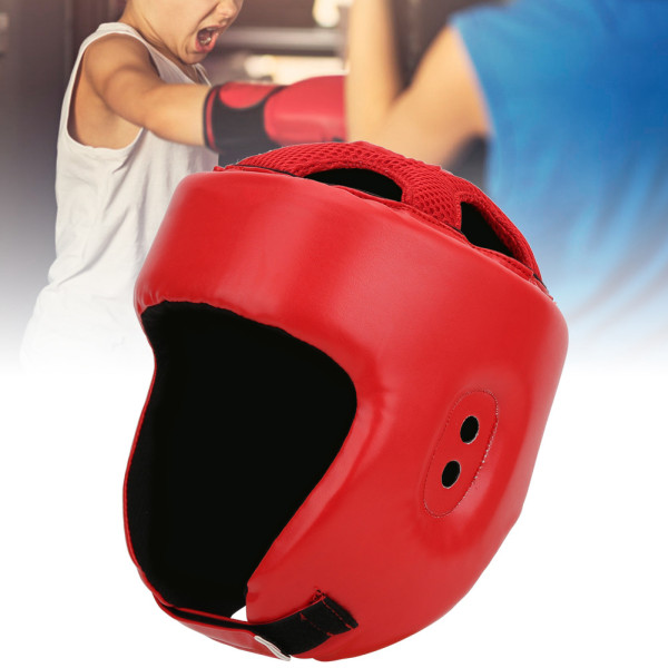 Boxningshjälm PU Läder Justerbar Huvudskydd Sanda Kickboxning Träningsförsvar Röd Liten Storlek