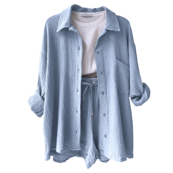 Dame 2-delt bukse sett Lin Skjorte shorts sett Lyseblå Light Blue M