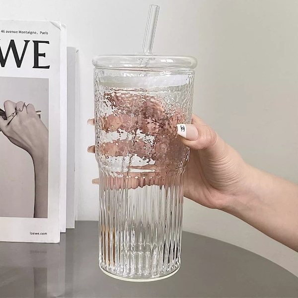Glasskrus med lokk og glassrør, 590 ml Høy Borosilikatglass Tumbler Iskaffe Vann Smoothie Style 1