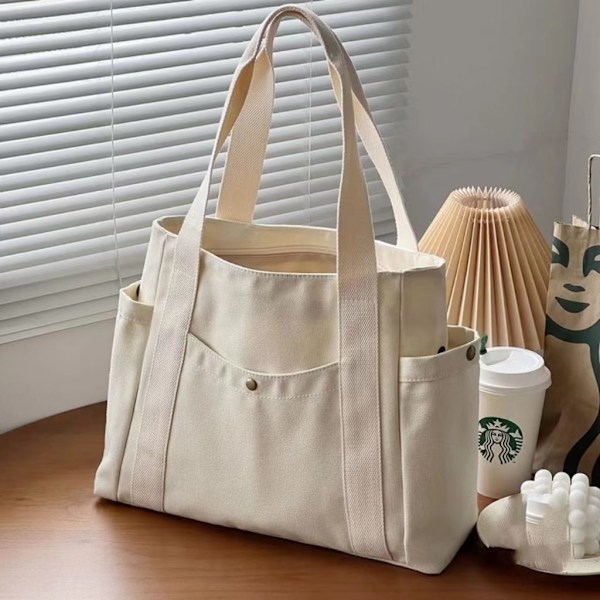 Stor Canvas Tote Bag for Arbeidsreiser Bæreveske College Stil Student Antrekk Bok Skulderveske White