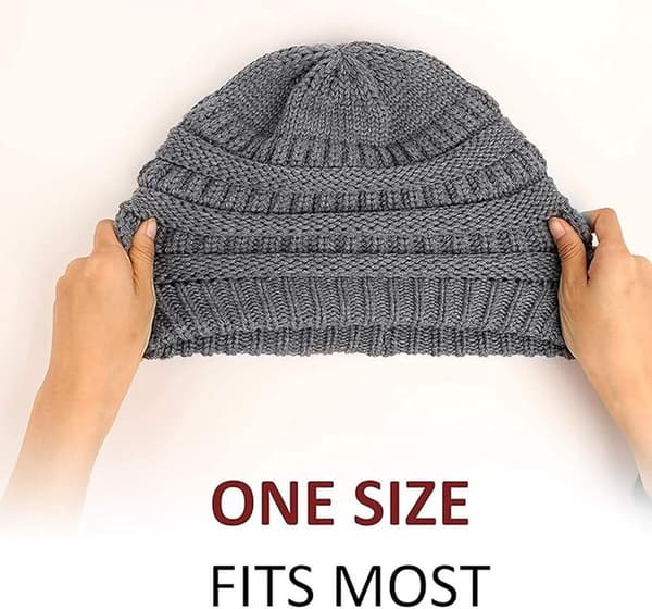 Stickad vintermössa för kvinnor, varm slouchy skidmössa med satin foder, mörkgrå, 52-60cm