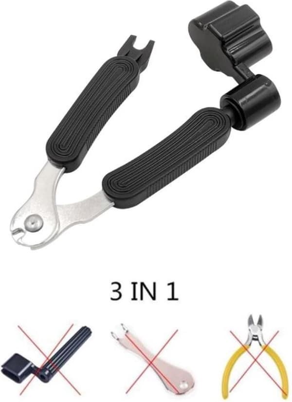 Gitarstemmeverktøy 3 i 1 | Multifunksjonell | Pinnedrager | Strengkutter | Stem gitar | Svart